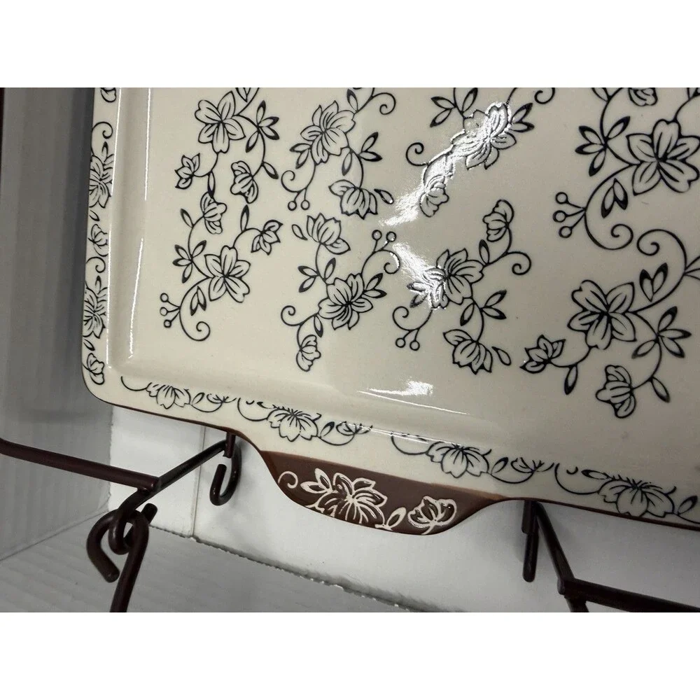 Temp-tations Floral Lace 13x9 Baking Dish Black Brown 4 QT Rack,Lid Hot Plate